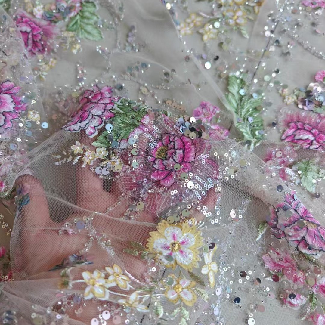 Glitter Tablecloth - 1M 120cm Breiter Luxus-Perlenstickerei-Stoff 3D-Stickerei Pailletten